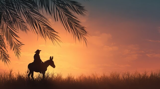 Palm Sunday Hosanna: Silhouette Jesus Christ Riding Donkey with Bible on Meadow at Sunset