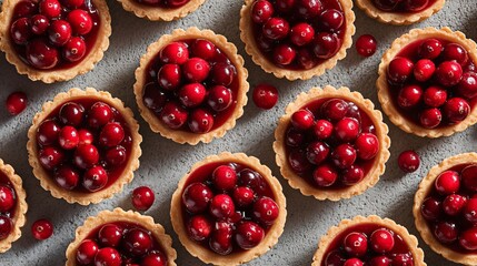 A flat lay of mini cranberry tarts, clean arrangement, copy space