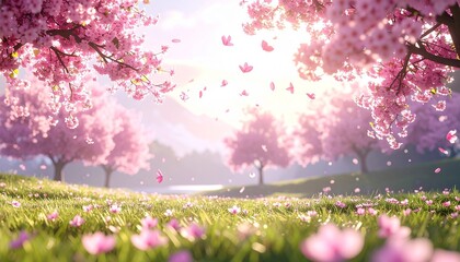 Cherry blossom trees in full bloom along calm river with mountain backdrop and sunrise light for editorial nature photography travel design and poetic spring-themed visuals