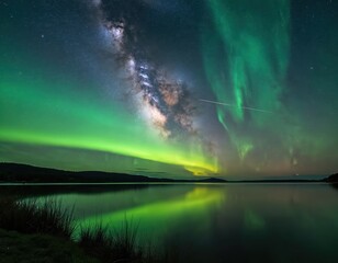 Obraz premium Milky Way galaxy, vivid green aurora borealis glow over calm lake. Night sky full of stars shows meteor trail. Celestial lights reflect on water surface near dark forest horizon. Beautiful cosmic