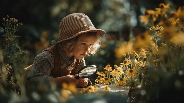 A little child using a magnifying lens to study bees in a bright backyard
