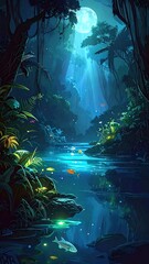Enchanted Forest River at Night