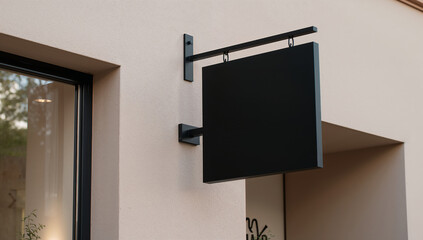 Black square shop sign hanging on a beige wall, perfect for mockup branding