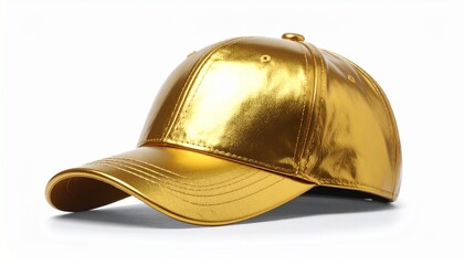 Fototapeta premium Metallic gold baseball cap with structured crown and curved brim for editorial fashion photography streetwear design and poetic statement-themed visuals