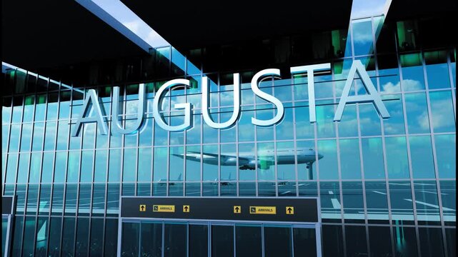 Airlane landing at Augusta. Arrival in the city with reflection of airport and aircraft