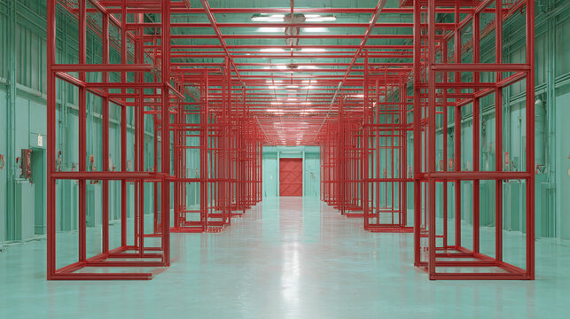 A perspective view of a modern building interior with red structures and doors. The minimalist design creates a unique and intriguing space