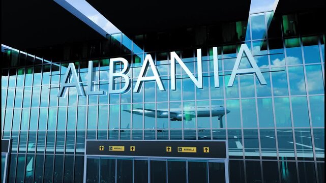 Airlane landing at Albania. Arrival in the city with reflection of airport and aircraft