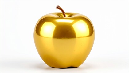 Golden apple with smooth reflective surface and brown stem on white background for editorial symbolism photography luxury branding and myth-inspired visuals
