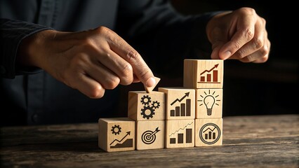 Business Strategy and Growth Concept with Wooden Blocks Depicting Innovation and Success Hand Placing Top Piece