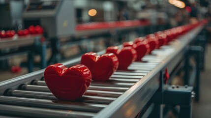 Red Heart Boxes Moving on Conveyor – Love and Production Concept