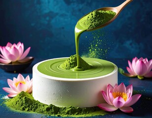 Matcha green tea cake being poured