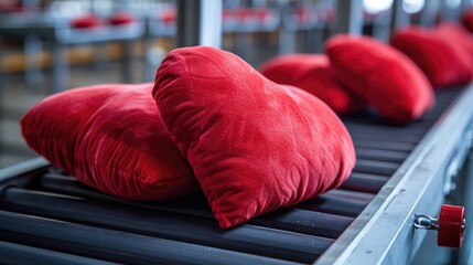 Automated Pillow Production with Heart Designs on Conveyor Belt