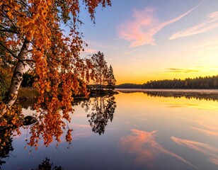 Autumn sunrise over a serene lake, with vibrant fall foliage