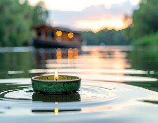Floating candle on rippled water, tranquil sunset scene