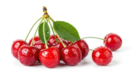Juicy ripe red cherries glistening with fresh water droplets on stems, bursting with vibrant summer flavor and natural sweetness, perfect for healthy eating inspiration.