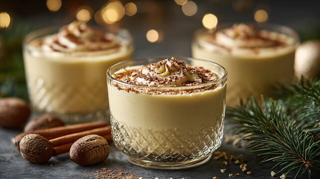 A creamy eggnog mousse in glass cups, nutmeg dusting, minimalist winter backdrop