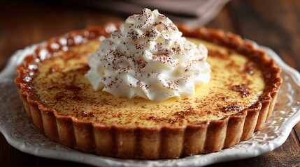 A delicious eggnog cream tart with nutmeg powder, soft lighting