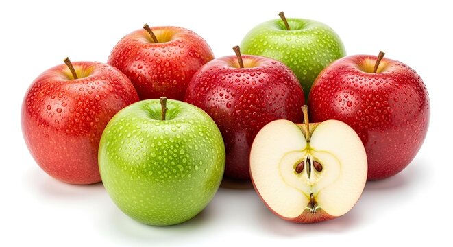 Juicy vibrant red and green apples glistening with fresh water droplets, one apple perfectly halved revealing seeds, ideal for healthy eating and natural wellness content