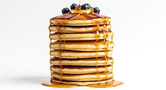 Indulge in decadent fluffy pancakes drizzled with golden syrup and topped with fresh blueberries, a perfect breakfast delight.