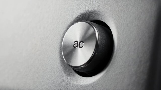 Close-up shows a circular brushed metal knob with "ac" label inset within a textured gray surface