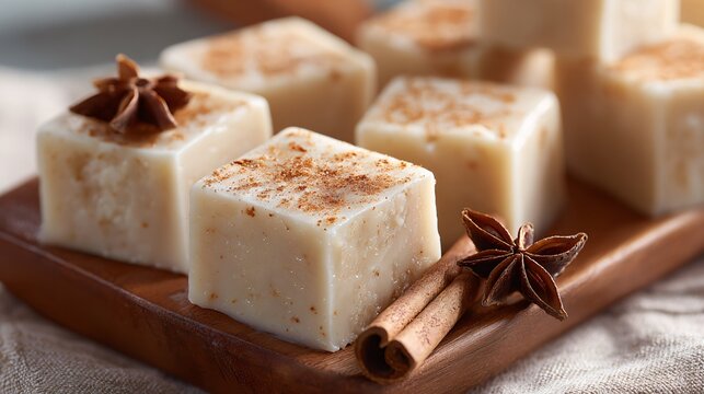 A tasty eggnog fudge bites on tray, soft background blur