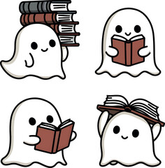 cute ghost with books icons collection