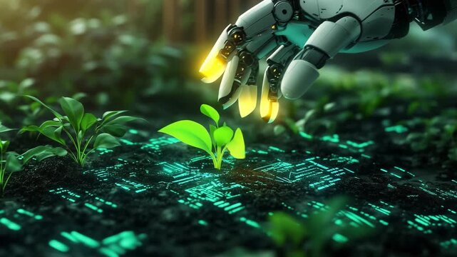 A white robot hand delicately inspects small green plants emerging from soil with visible digital circuit patterns
