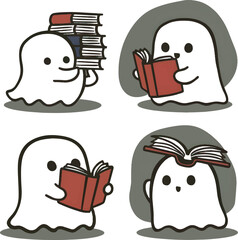 cute ghost with books icons collection