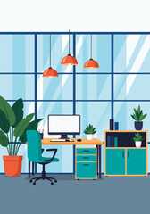 Workspace Vector Illustration with Desk, Computer, Plants, and Modern Design Elements