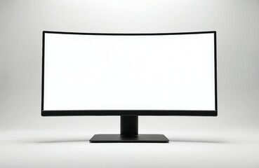 Fototapeta premium Curved monitor displays empty white screen. Wide black frame modern display is on stand in home or office space. Mockup screen for computer. Digital device for work.