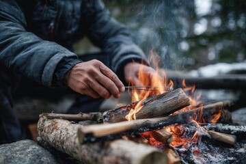 Fototapeta premium Closeup of hikers hands lighting a campfire at night, sparks flying, glowing embers and rough wood textures, survival detail in dark outdoor setting