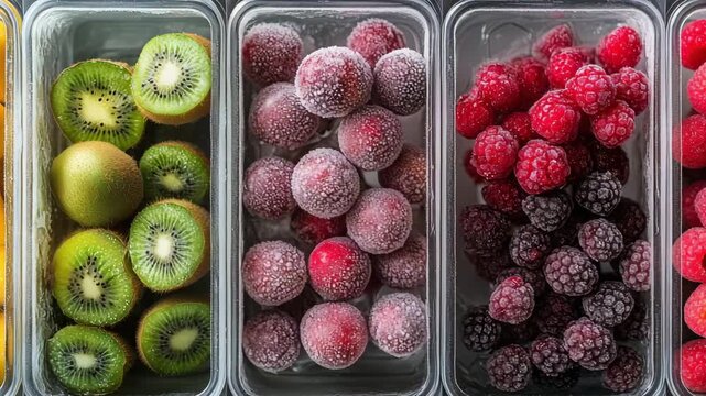 Chopped mango, kiwi, and frozen berries are neatly arranged in clear containers for smoothie preparation in a kitchen