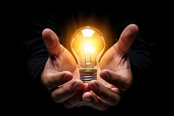Hands Carefully Holding a Glowing Light Bulb Symbolizing Innovation Creativity and the Power of Ideas on a Dark Background