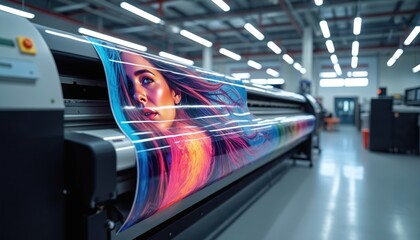 Large format printer creates colorful image with woman face and flowing hair. Industrial printing machine in factory produces vinyl graphic on paper roll. Modern technology in production.