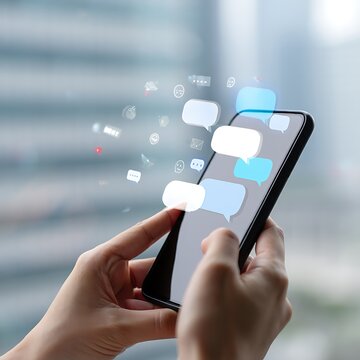 Hands holding smartphone with messaging icons and social media notifications representing digital communication and interaction in modern society