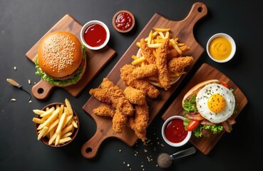 Top view of various tasty fastfood meals on wooden boards. There are burger chicken strips french fries with ketchup and mustard sauces on a dark background. Food delivery concept.