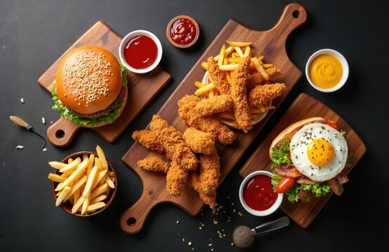 Top view of various tasty fastfood meals on wooden boards. There are burger chicken strips french fries with ketchup and mustard sauces on a dark background. Food delivery concept. - Powered by Adobe