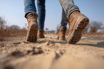 Closeup of mother and daughter feet walking on a dusty hiking trail