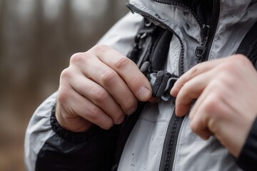 Closeup of hiker adjusting backpack strap, detailed textures of fabric, buckle and skin, outdoor natural atmosphere