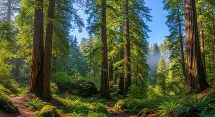 Sunlight filters through the towering redwood trees in a lush, green forest, creating a magical and serene atmosphere
