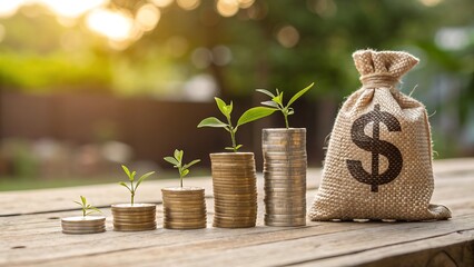 Investment Growth Concept Coins Stacked with Sprouts and Money Bag Demonstrating Financial Success and Future Prosperity on Wooden Table