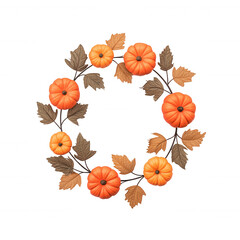 Fototapeta premium Pumpkin 3d icon and autumn leaf wreath creating a festive fall season border for background decoration on transparent thanksgiving