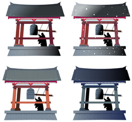 除夜の鐘をつく僧侶と雪の寺,夜の寺の風景