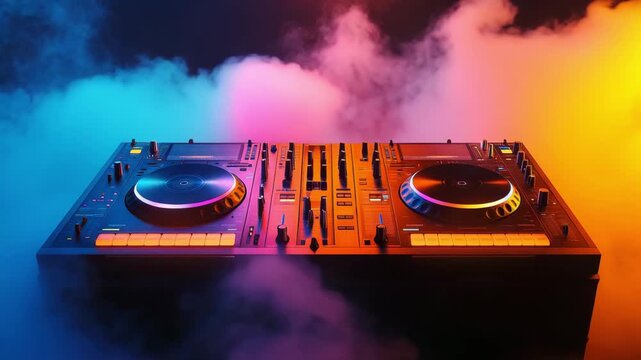 A black dj mixer sits against a backdrop of colorful smoke with glowing controls, providing a vibrant atmosphere for a music event