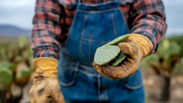 A farmer wearing gloves and blue overalls holds freshly harvested nopal cactus pads, showcasing the results of sustainable agriculture and traditional farming practices.