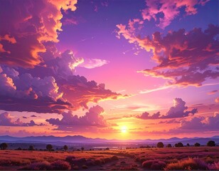 Sunset over a vast, vibrant landscape