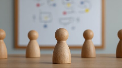Strategizing with wooden figurines in an office setting whiteboard strategy diagram collaborative environment business focus