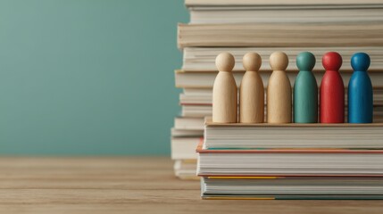 Educational insights wooden figurines on stacked books in a study environment