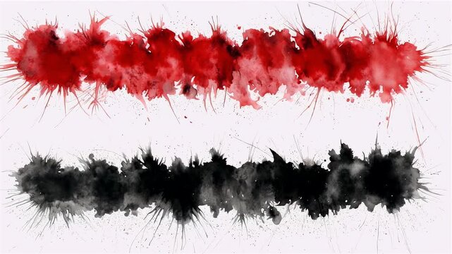 An abstract composition featuring two horizontal swathes one a vivid red, the other a deep black, both rendered with dynamic splatters. The white background offers stark contrast