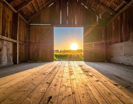 Sunlight streams into a rustic wooden barn